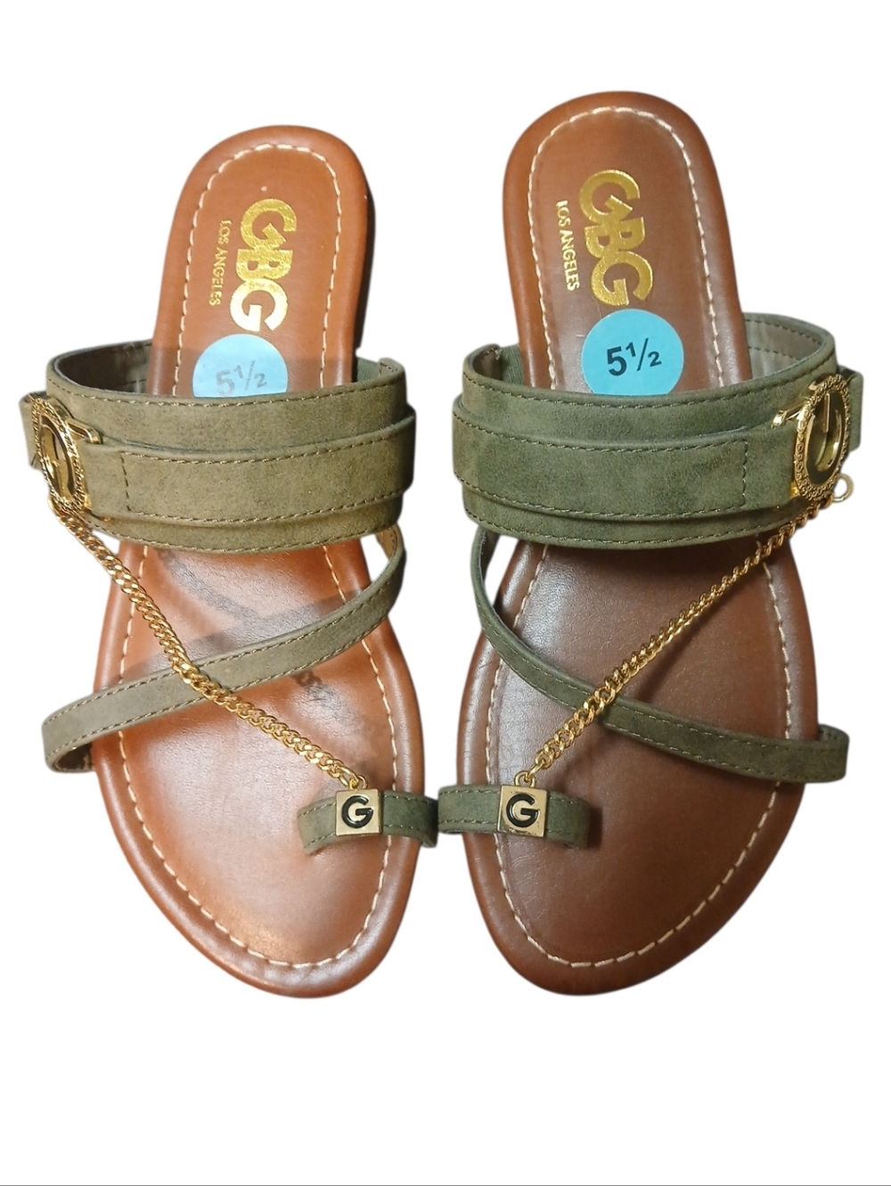 GBG - NWOB,  Strappy Sandals, Flat Heel, 5- 1/2 M, Non-Slip Soles, Chain Accent